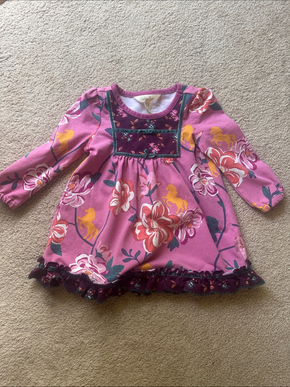 Matilda Jane Baby Girl Floral Horse Dress 6-12M Pink Long Sleeve Ruffle